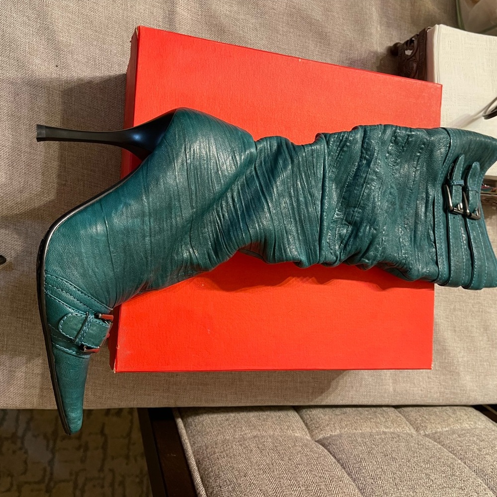 Teal Slouch Stiletto Knee-High Boot with Buckle Accent - Women's Heeled Boot